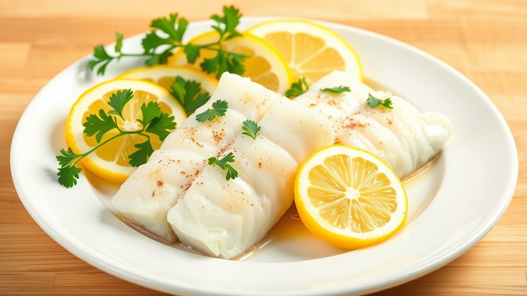 Lemon Herb Baked Cod Recipe Baked cod fillets garnished with lemon and parsley on a plate, set on a wooden table.